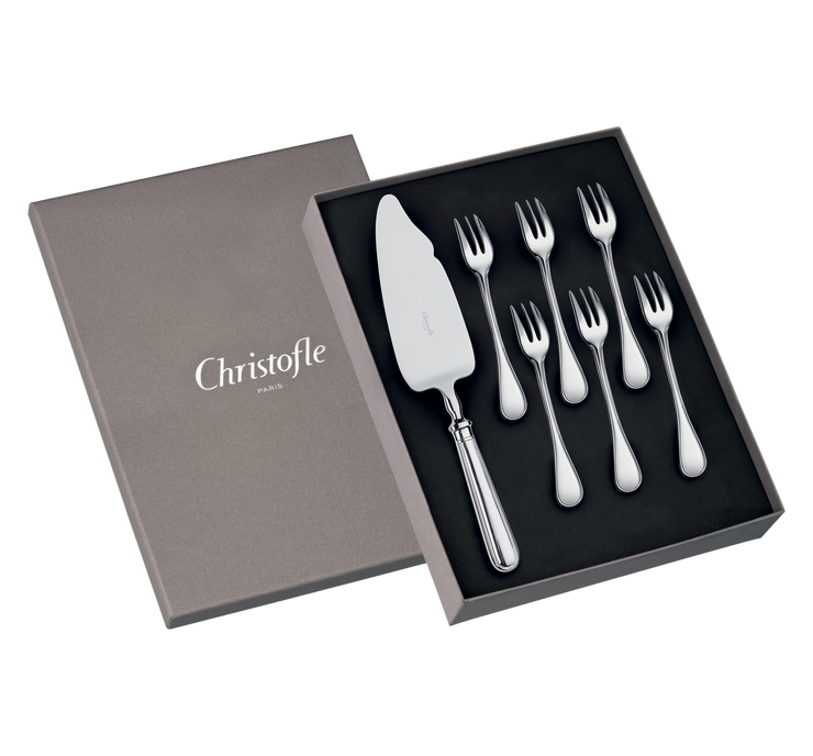 Albi Boxed set 6 cake forks and 1 cutting shovel in silver plated metal